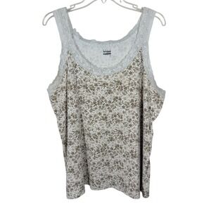 Basic Editions Y2K Floral Lace Trim Tank Top Ribbed Knit Neutral Casual Boho 2X